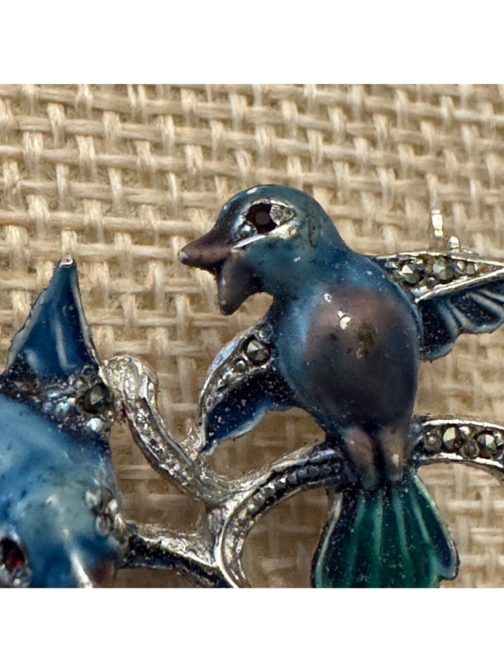 Vintage Enamel Bluebird Brooch With Rhinestone Accents On Silver Branch Design - Picture 5 of 8